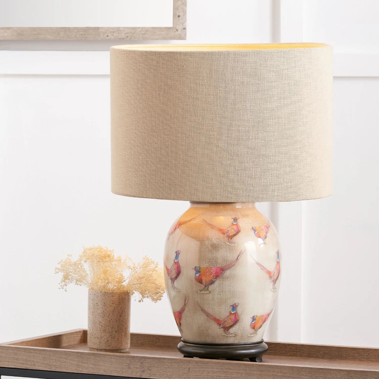 Jenny Worrall Pheasants Champagne & Gold Glass Table Lamp Base with Antique Brass Feet – Handcrafted Bulbous Statement Lighting 35x20x20cm | Click Style