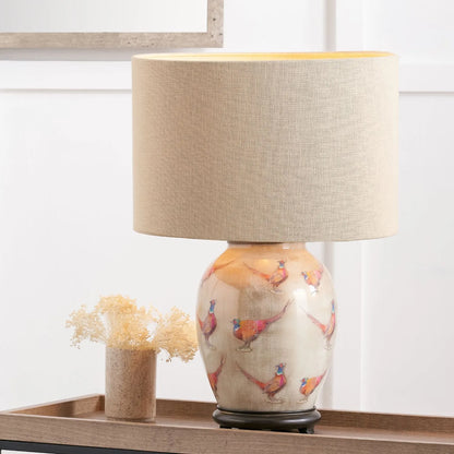 Jenny Worrall Pheasants Champagne & Gold Glass Table Lamp Base with Antique Brass Feet – Handcrafted Bulbous Statement Lighting 35x20x20cm | Click Style