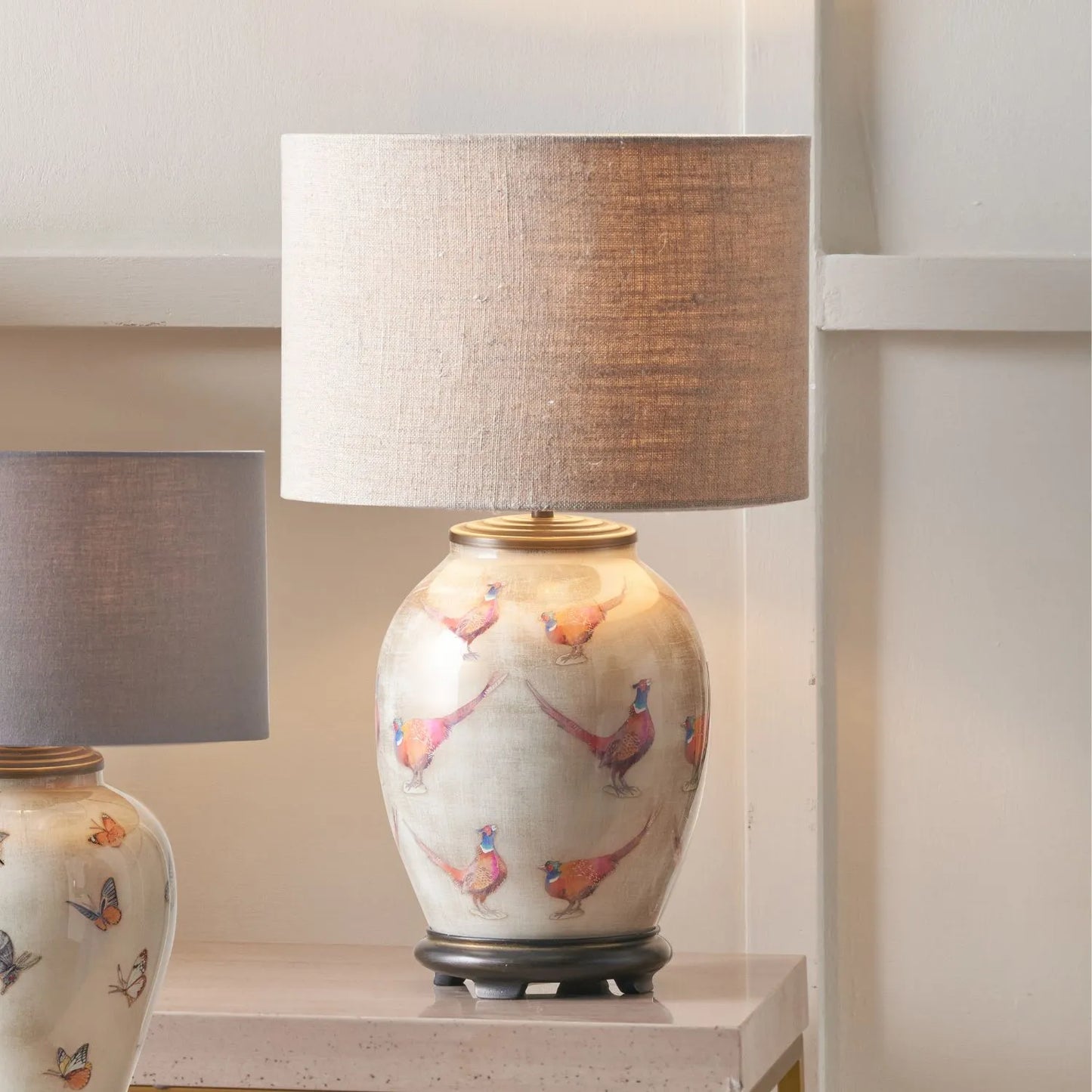 Jenny Worrall Pheasants Champagne & Gold Glass Table Lamp Base with Antique Brass Feet – Handcrafted Bulbous Statement Lighting 35x20x20cm | Click Style