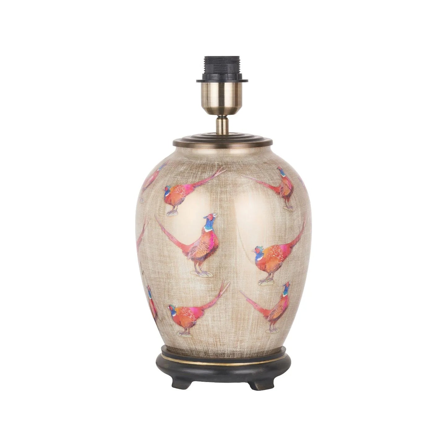 Jenny Worrall Pheasants Champagne & Gold Glass Table Lamp with 30cm Natural Linen Drum Shade – Handcrafted Bulbous Statement Lighting 51x30x30cm | Click Style