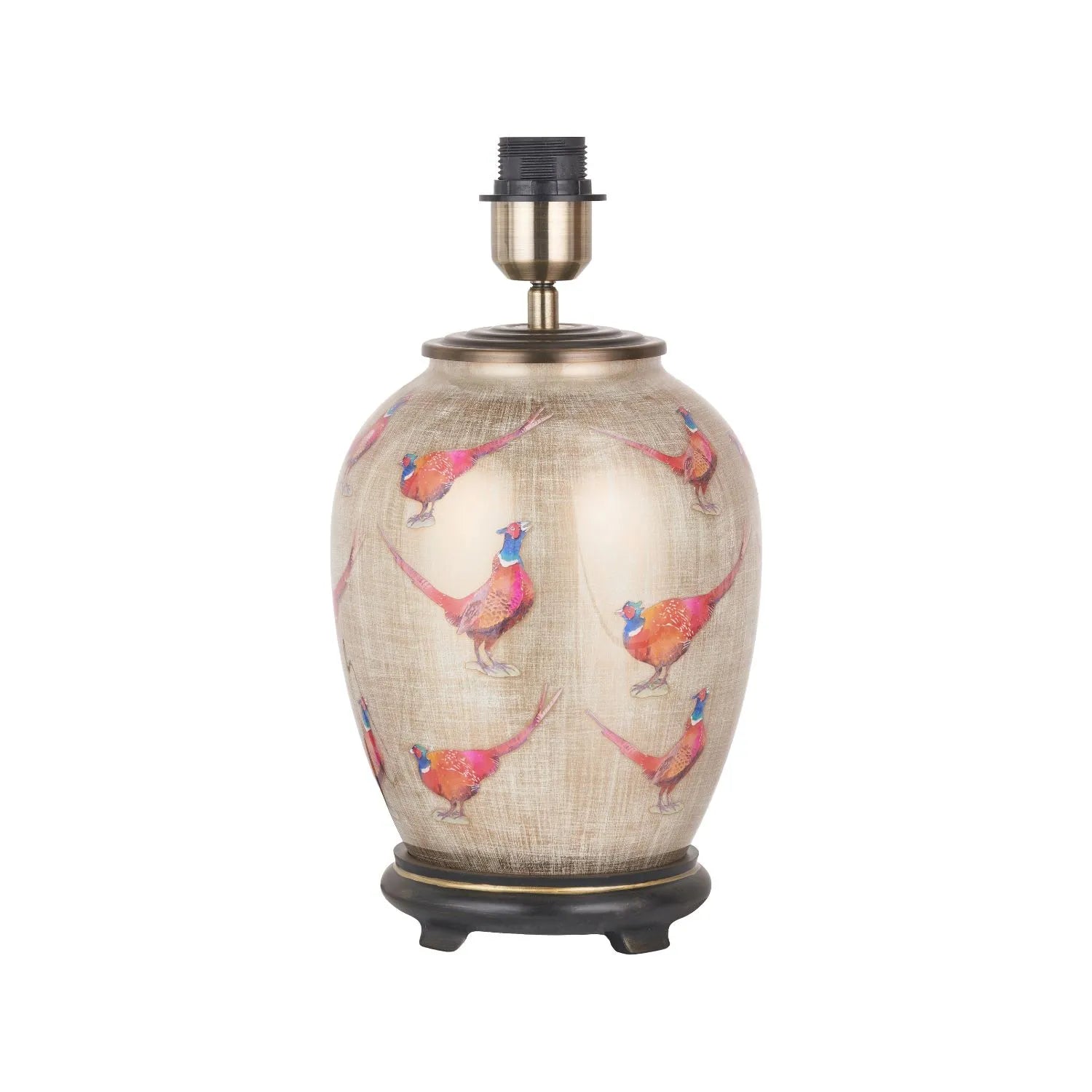 Jenny Worrall Pheasants Champagne & Gold Glass Table Lamp with 30cm Natural Linen Drum Shade – Handcrafted Bulbous Statement Lighting 51x30x30cm | Click Style