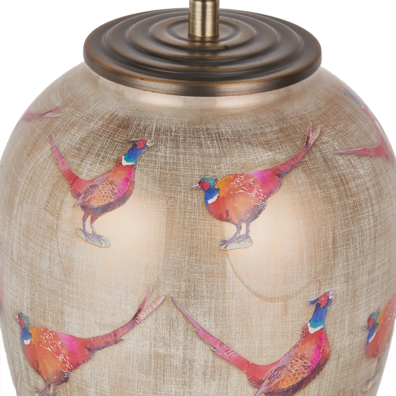 Jenny Worrall Pheasants Champagne & Gold Glass Table Lamp with 30cm Natural Linen Drum Shade – Handcrafted Bulbous Statement Lighting 51x30x30cm | Click Style
