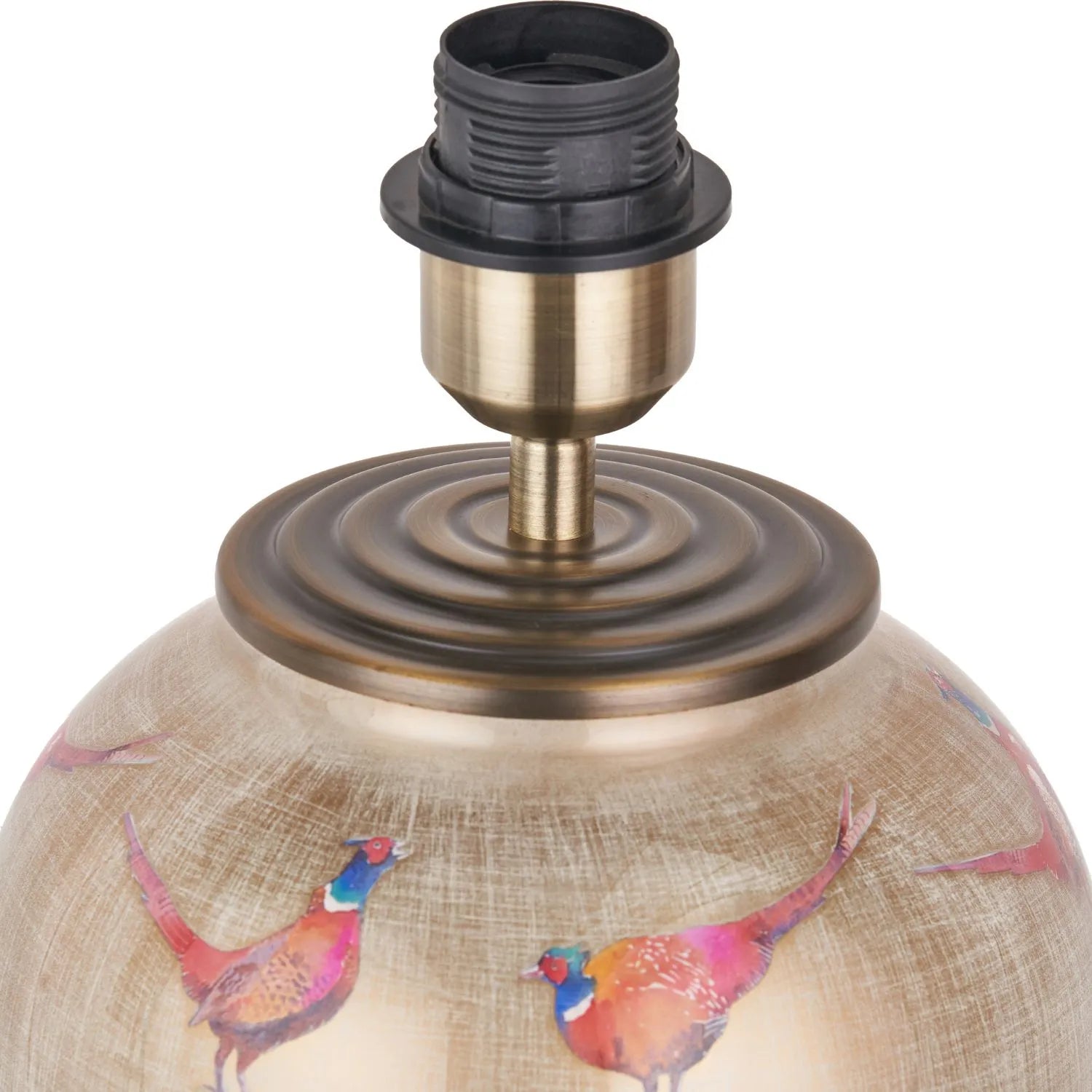 Jenny Worrall Pheasants Champagne & Gold Glass Table Lamp with 30cm Natural Linen Drum Shade – Handcrafted Bulbous Statement Lighting 51x30x30cm | Click Style