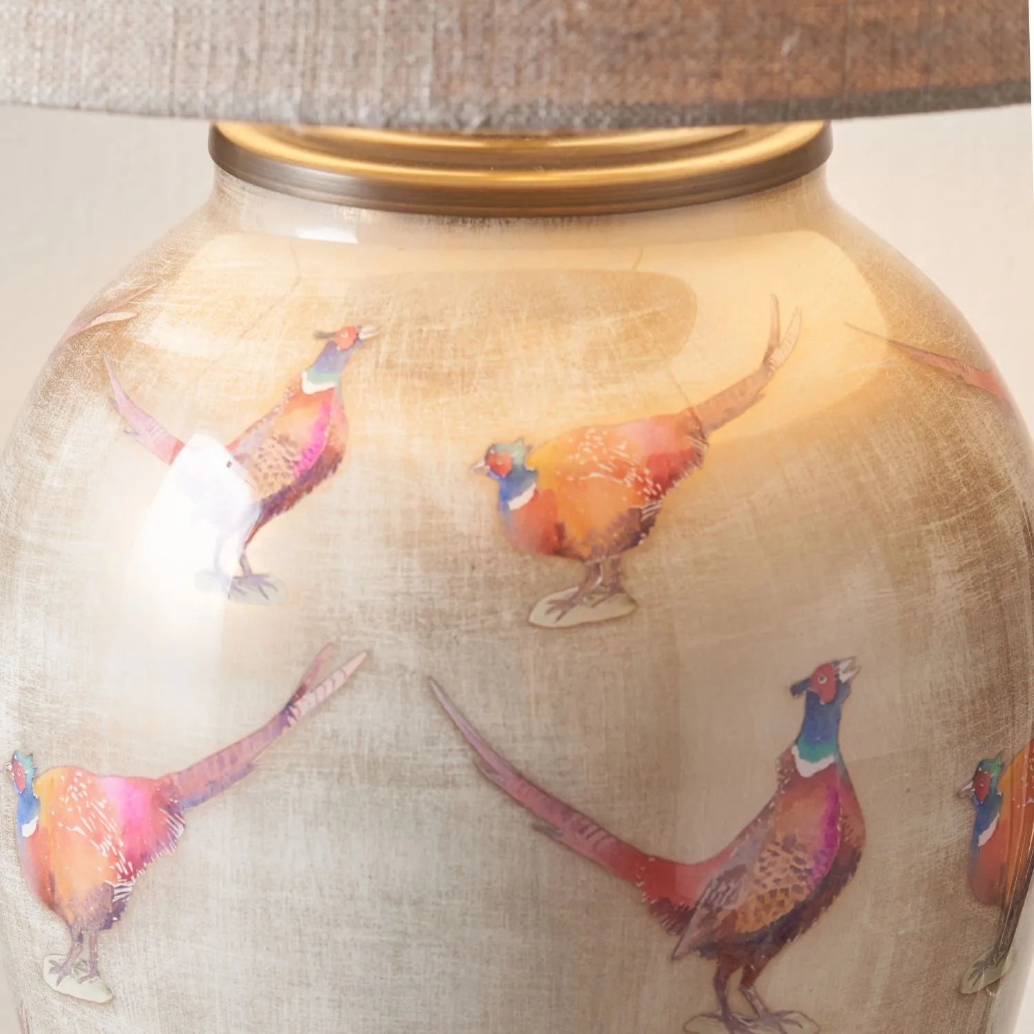 Jenny Worrall Pheasants Champagne & Gold Glass Table Lamp with 30cm Natural Linen Drum Shade – Handcrafted Bulbous Statement Lighting 51x30x30cm | Click Style