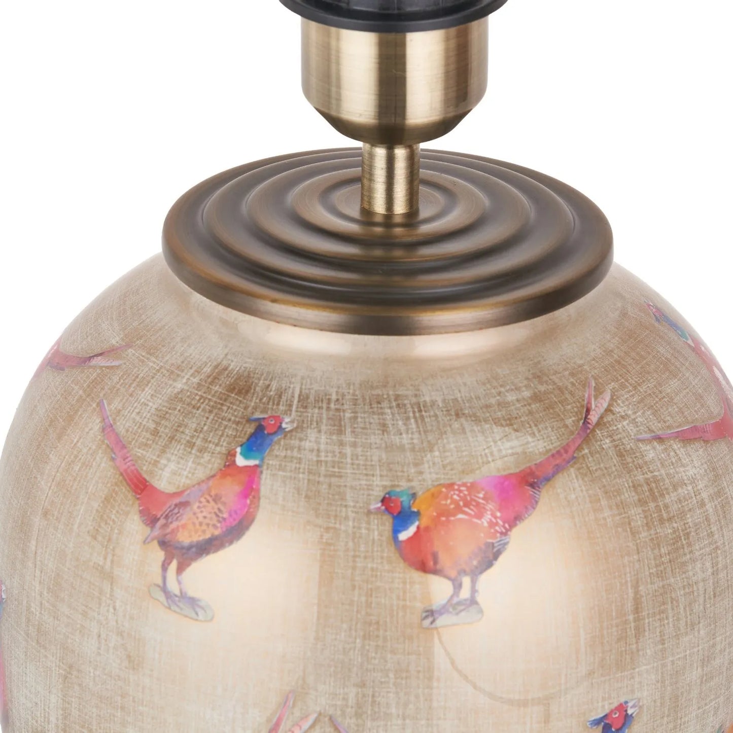 Jenny Worrall Pheasants Champagne & Gold Glass Table Lamp with 30cm Natural Linen Drum Shade – Handcrafted Bulbous Statement Lighting 51x30x30cm | Click Style