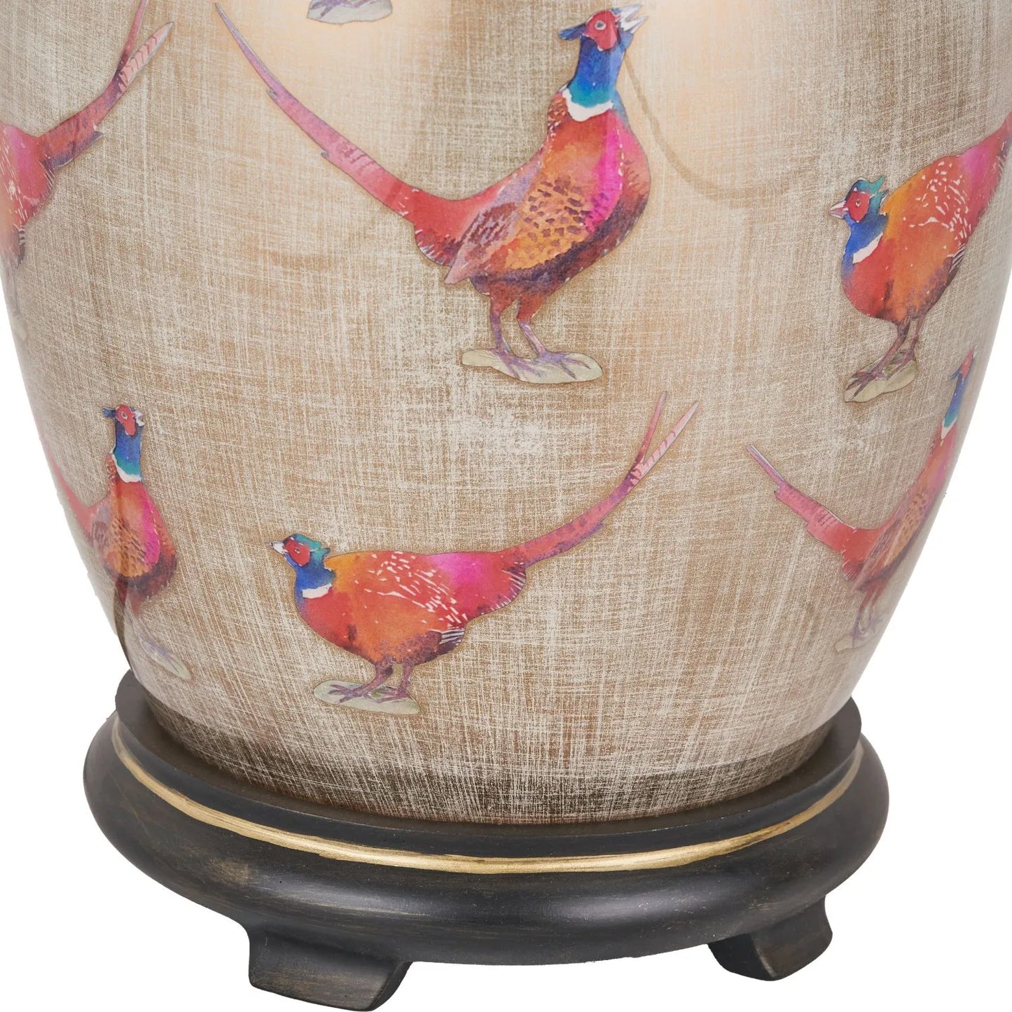 Jenny Worrall Pheasants Champagne & Gold Glass Table Lamp with 30cm Natural Linen Drum Shade – Handcrafted Bulbous Statement Lighting 51x30x30cm | Click Style