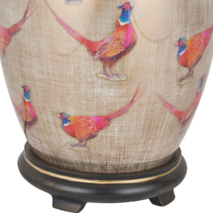 Jenny Worrall Pheasants Champagne & Gold Glass Table Lamp with 30cm Natural Linen Drum Shade – Handcrafted Bulbous Statement Lighting 51x30x30cm | Click Style