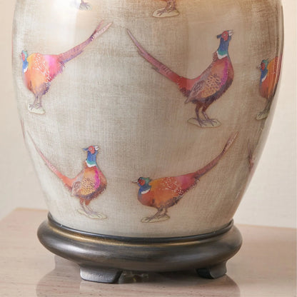 Jenny Worrall Pheasants Champagne & Gold Glass Table Lamp with 30cm Natural Linen Drum Shade – Handcrafted Bulbous Statement Lighting 51x30x30cm | Click Style