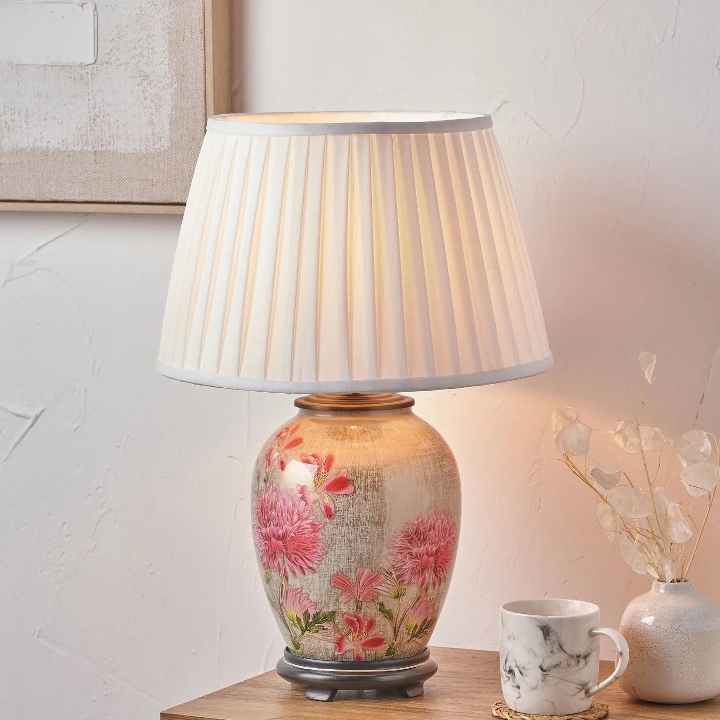 Jenny Worrall Pink Dahlia & Alstroemeria distressed cream & gold glass table lamp base with bulbous shape & raised antique brass feet – handcrafted floral cerise flower lighting 35x20x20cm | Click Style