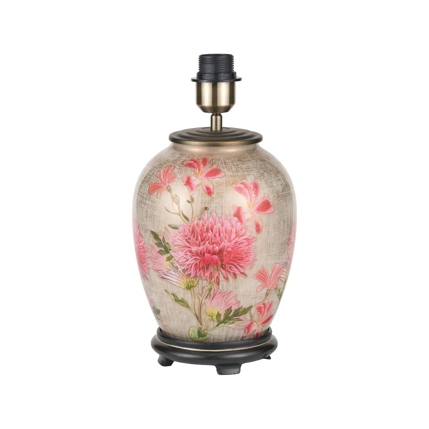 Jenny Worrall Pink Dahlia & Alstroemeria distressed cream & gold glass table lamp base with bulbous shape & raised antique brass feet – handcrafted floral cerise flower lighting 35x20x20cm | Click Style