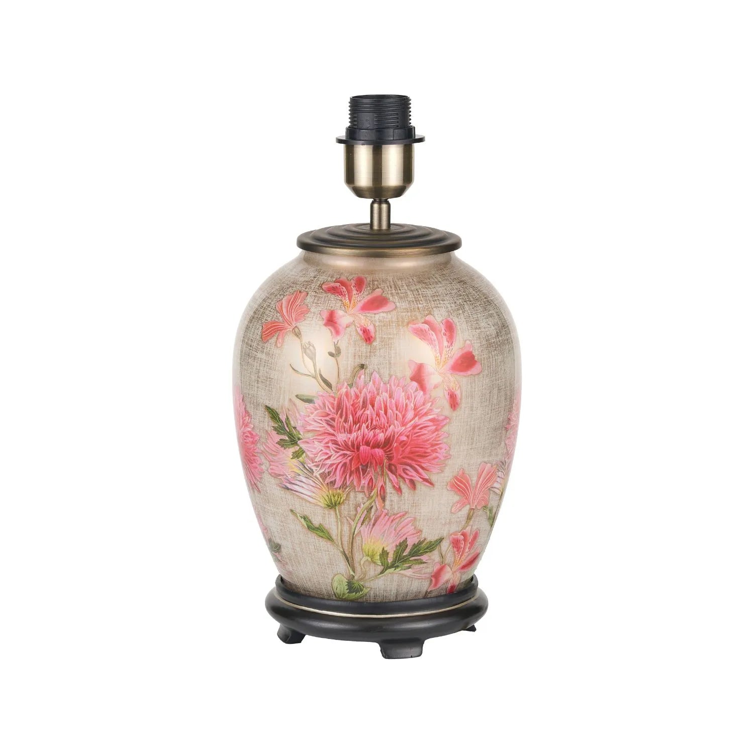 Jenny Worrall Pink Dahlia & Alstroemeria distressed cream & gold glass table lamp base with bulbous shape & raised antique brass feet – handcrafted floral cerise flower lighting 35x20x20cm | Click Style
