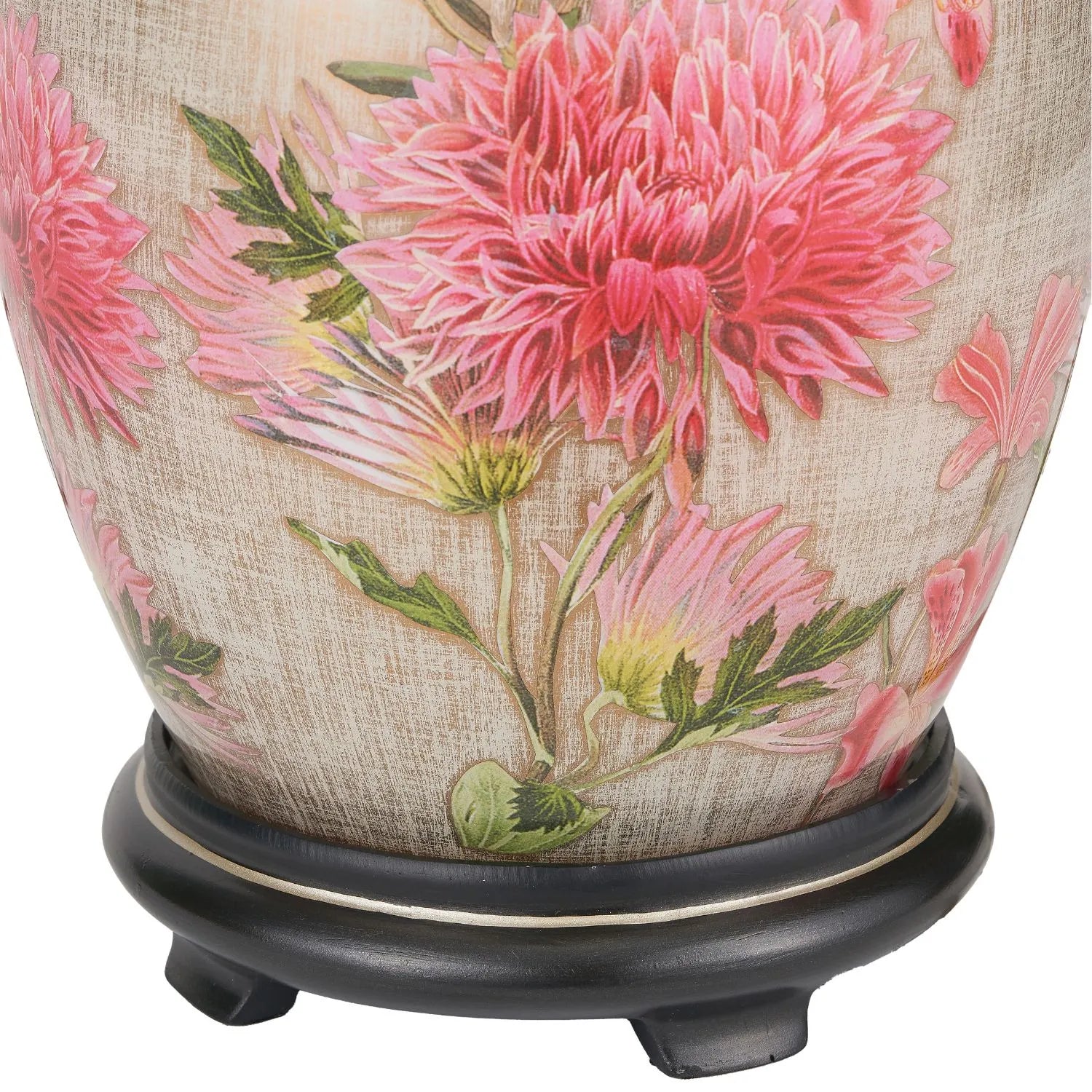 Jenny Worrall Pink Dahlia & Alstroemeria distressed cream & gold glass table lamp base with bulbous shape & raised antique brass feet – handcrafted floral cerise flower lighting 35x20x20cm | Click Style