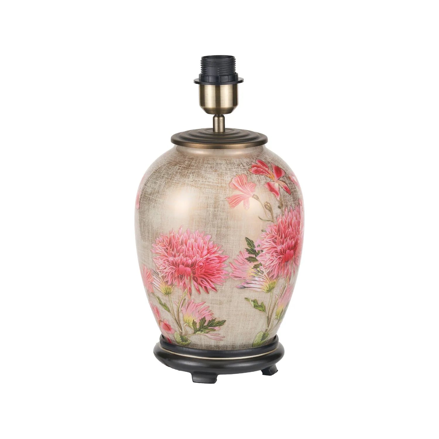 Jenny Worrall Pink Dahlia & Alstroemeria distressed cream & gold glass table lamp base with bulbous shape & raised antique brass feet – handcrafted floral cerise flower lighting 35x20x20cm | Click Style
