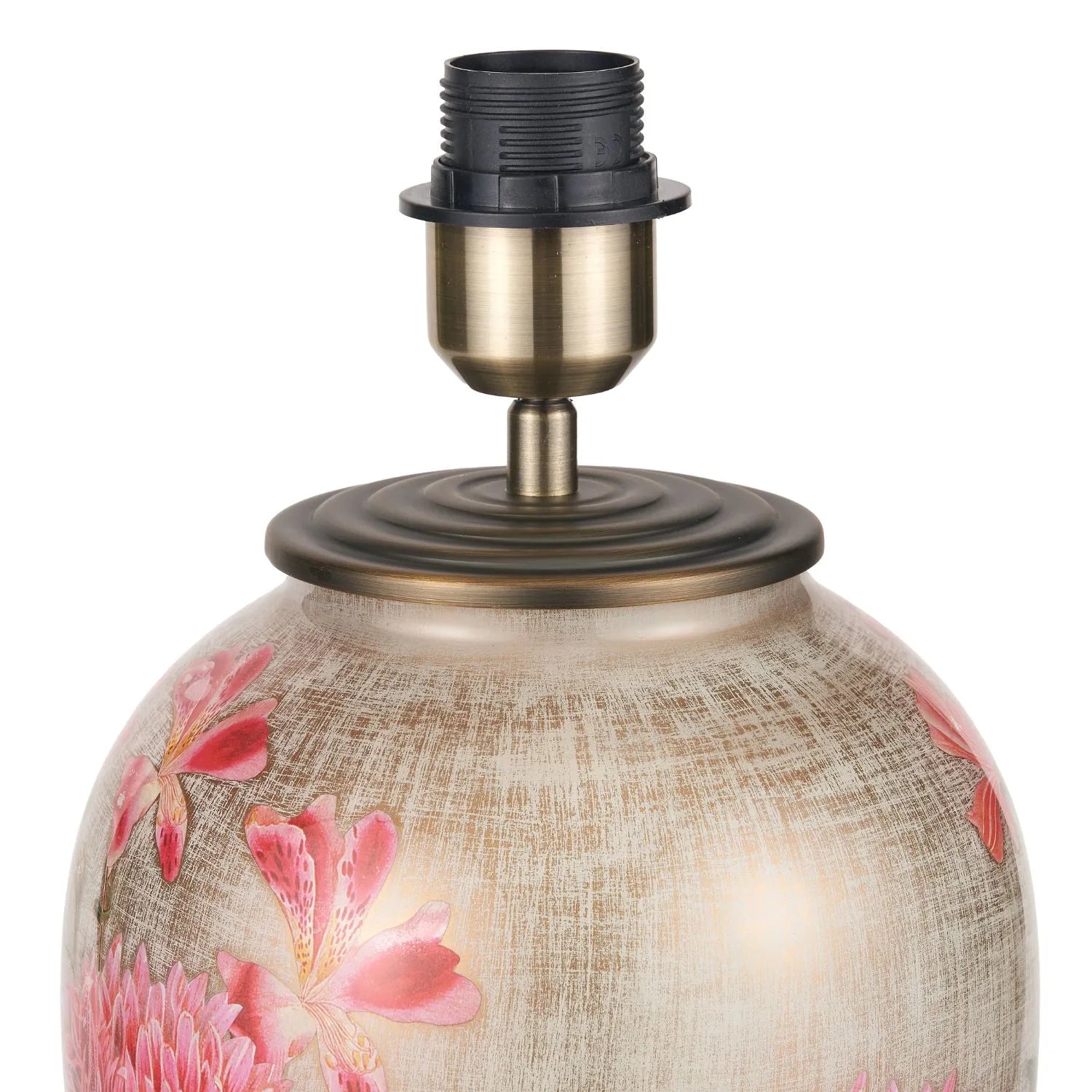 Jenny Worrall Pink Dahlia & Alstroemeria distressed cream & gold glass table lamp base with bulbous shape & raised antique brass feet – handcrafted floral cerise flower lighting 35x20x20cm | Click Style