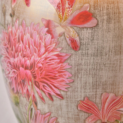 Jenny Worrall Pink Dahlia & Alstroemeria distressed cream & gold glass table lamp base with bulbous shape & raised antique brass feet – handcrafted floral cerise flower lighting 35x20x20cm | Click Style