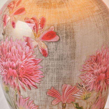 Jenny Worrall Pink Dahlia & Alstroemeria distressed cream & gold glass table lamp base with bulbous shape & raised antique brass feet – handcrafted floral cerise flower lighting 35x20x20cm | Click Style
