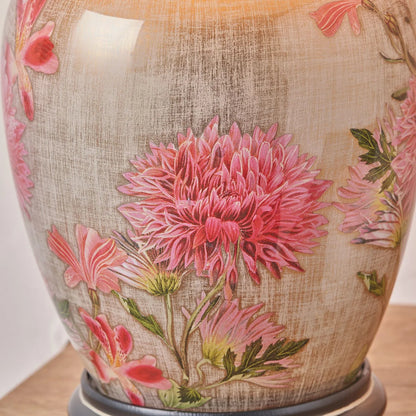 Jenny Worrall Pink Dahlia & Alstroemeria distressed cream & gold glass table lamp base with bulbous shape & raised antique brass feet – handcrafted floral cerise flower lighting 35x20x20cm | Click Style