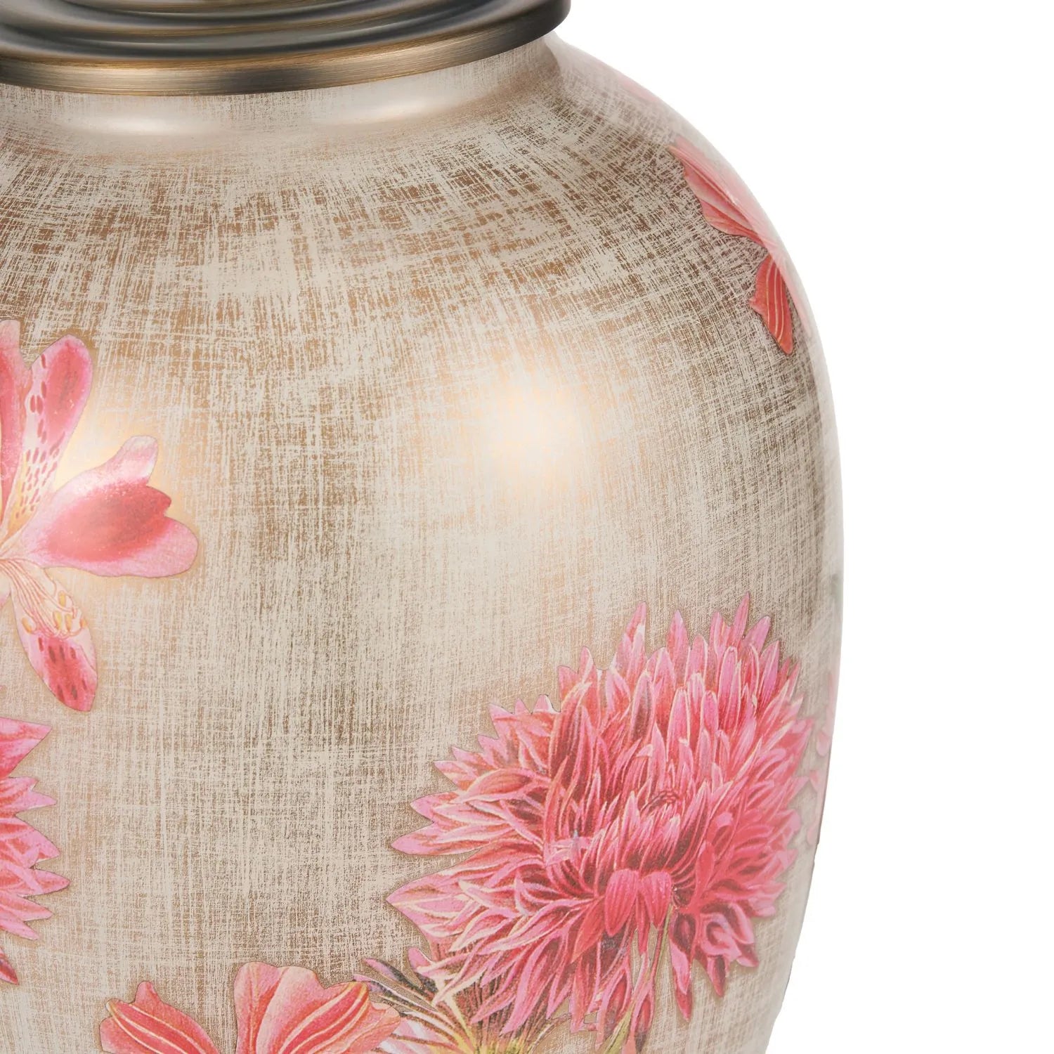 Jenny Worrall Pink Dahlia & Alstroemeria distressed cream & gold glass table lamp base with bulbous shape & raised antique brass feet – handcrafted floral cerise flower lighting 35x20x20cm | Click Style