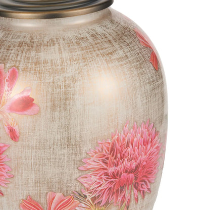Jenny Worrall Pink Dahlia & Alstroemeria distressed cream & gold glass table lamp base with bulbous shape & raised antique brass feet – handcrafted floral cerise flower lighting 35x20x20cm | Click Style