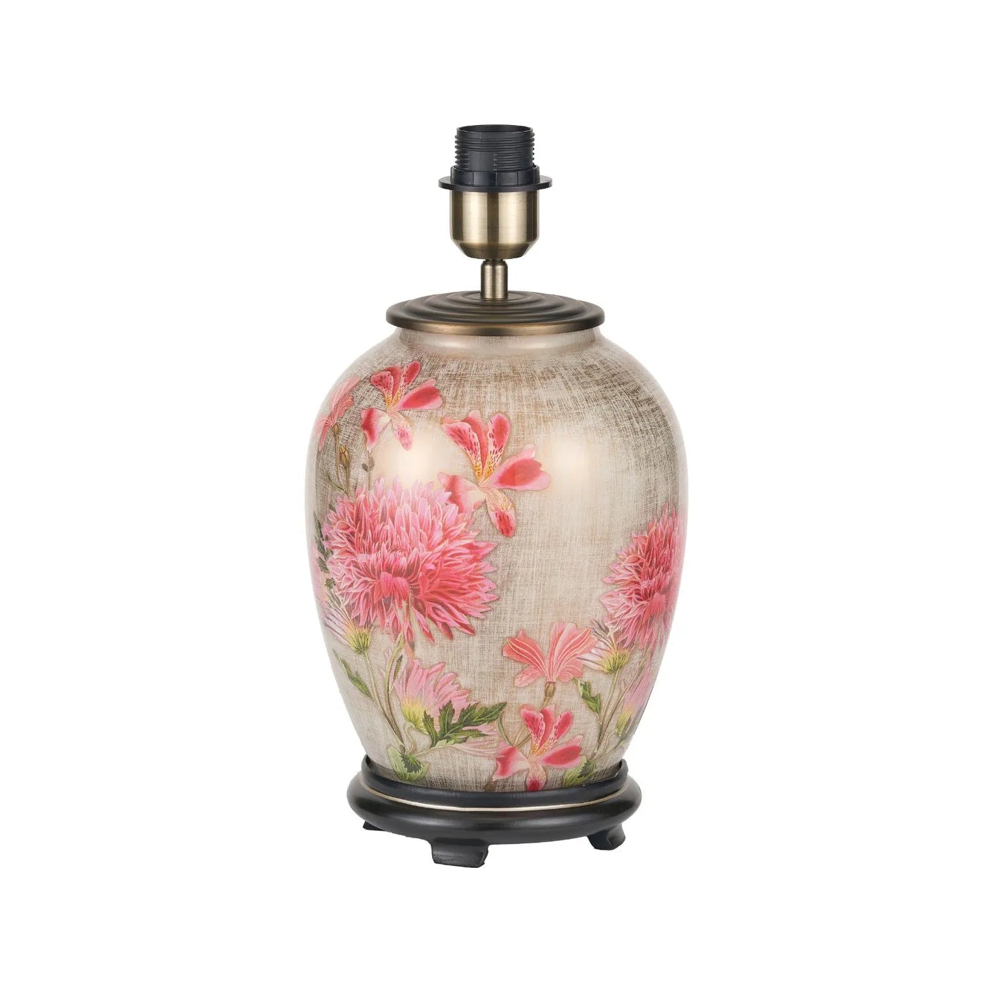 Jenny Worrall Pink Dahlia & Alstroemeria distressed cream & gold glass table lamp base with bulbous shape & raised antique brass feet – handcrafted floral cerise flower lighting 35x20x20cm | Click Style