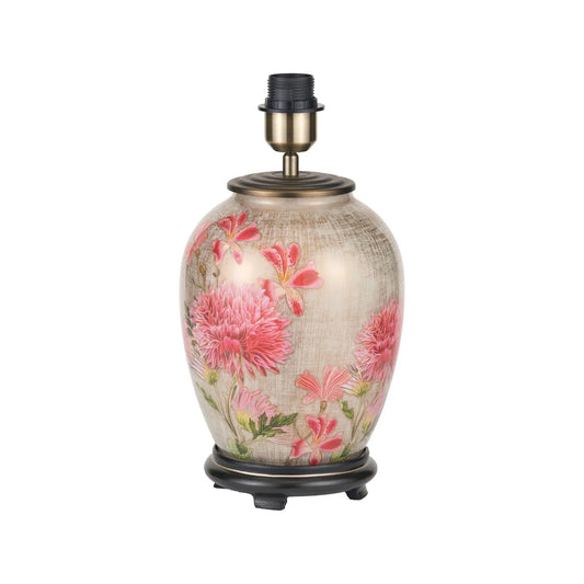 Jenny Worrall Pink Dahlia & Alstroemeria distressed cream & gold glass table lamp base with bulbous shape & raised antique brass feet – handcrafted floral cerise flower lighting 35x20x20cm | Click Style