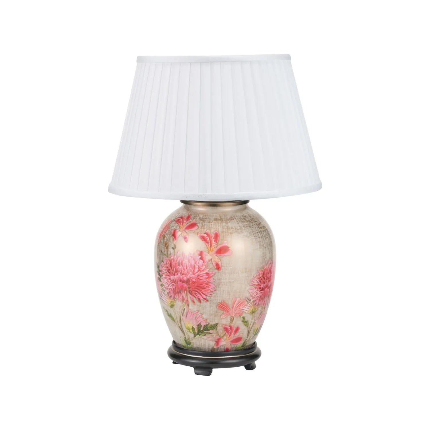 Jenny Worrall Pink Dahlia & Alstroemeria distressed cream & gold glass table lamp base with bulbous shape & raised antique brass feet – handcrafted floral cerise flower lighting 35x20x20cm | Click Style