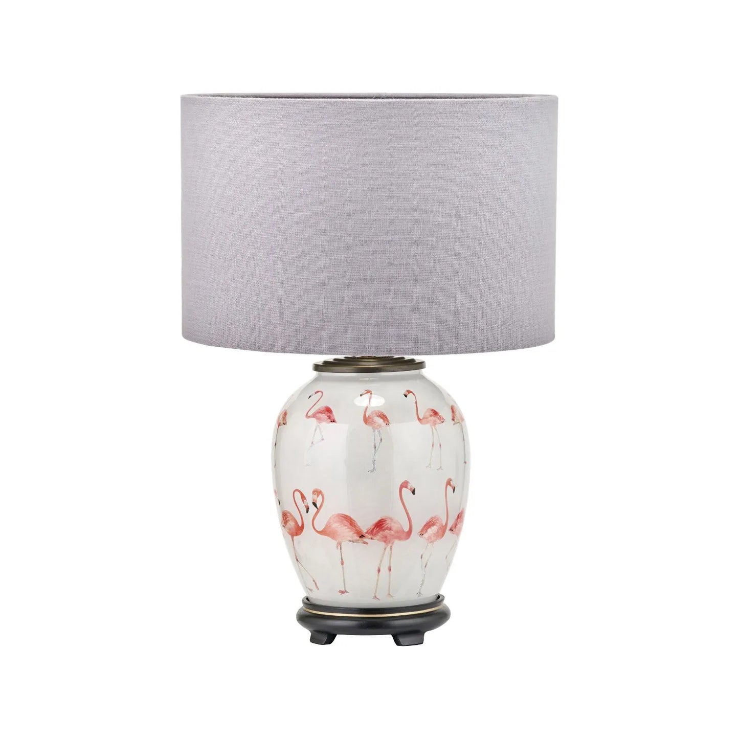 Jenny Worrall Pink Flamingos & White Glass Table Lamp Base with Antique Brass Feet – Handcrafted Bulbous Quirky Tropical Statement Lighting 36x20x20cm | Click Style