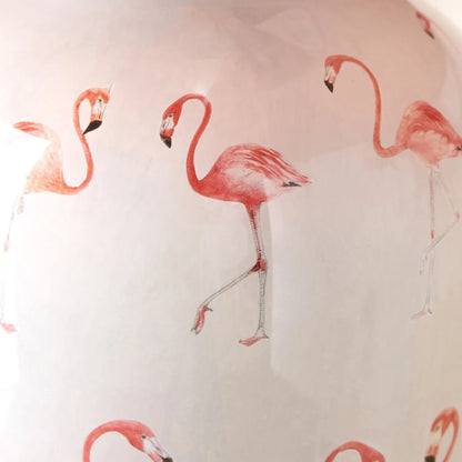 Jenny Worrall Pink Flamingos & White Glass Table Lamp Base with Antique Brass Feet – Handcrafted Bulbous Quirky Tropical Statement Lighting 36x20x20cm | Click Style