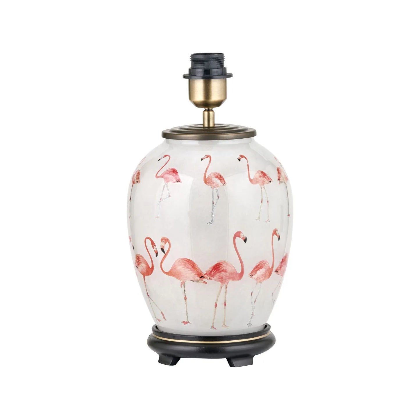 Jenny Worrall Pink Flamingos & White Glass Table Lamp Base with Antique Brass Feet – Handcrafted Bulbous Quirky Tropical Statement Lighting 36x20x20cm | Click Style