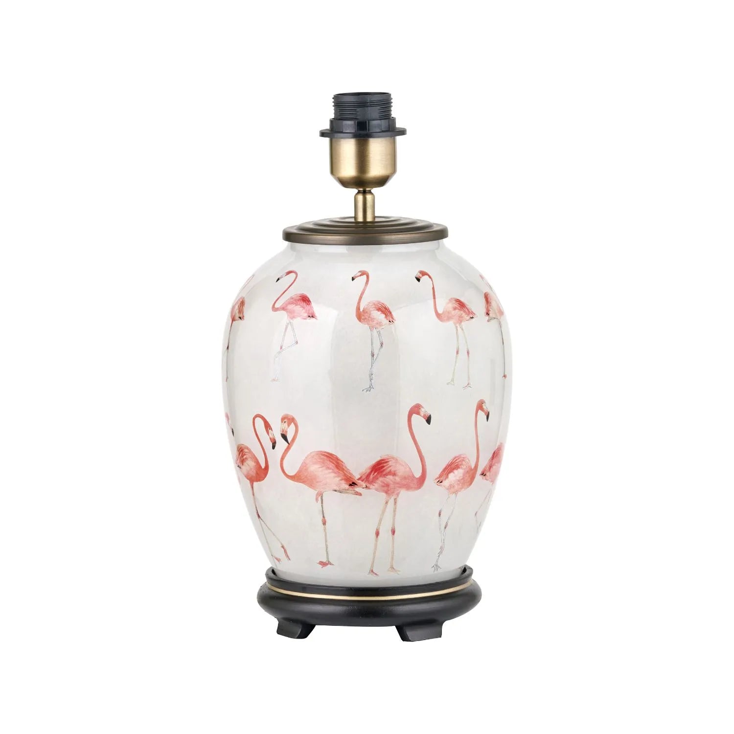 Jenny Worrall Pink Flamingos & White Glass Table Lamp Base with Antique Brass Feet – Handcrafted Bulbous Quirky Tropical Statement Lighting 36x20x20cm | Click Style