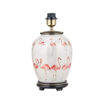 Jenny Worrall Pink Flamingos & White Glass Table Lamp Base with Antique Brass Feet – Handcrafted Bulbous Quirky Tropical Statement Lighting 36x20x20cm | Click Style