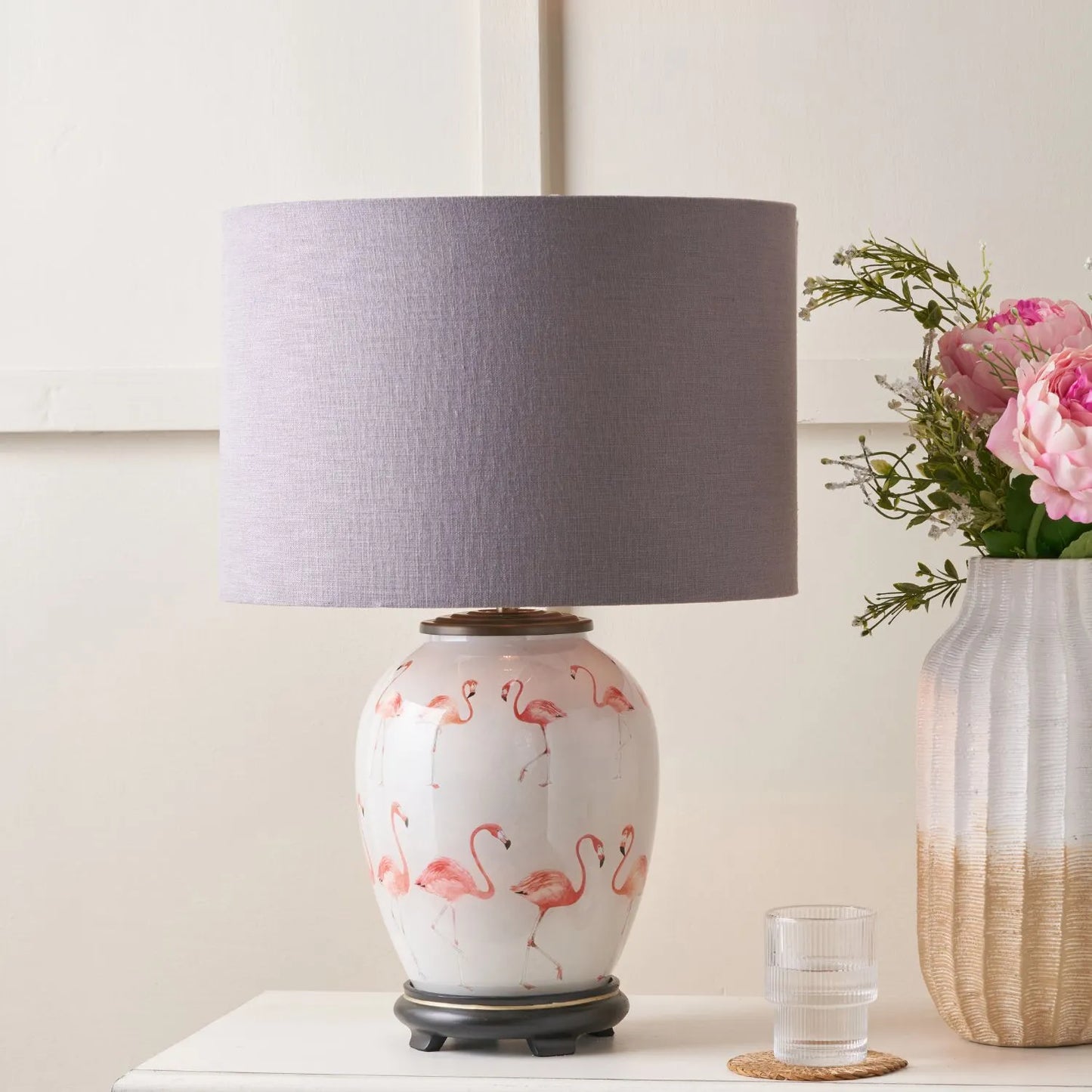 Jenny Worrall Pink Flamingos & White Glass Table Lamp Base with Antique Brass Feet – Handcrafted Bulbous Quirky Tropical Statement Lighting 36x20x20cm | Click Style