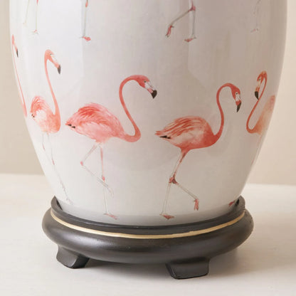 Jenny Worrall Pink Flamingos & White Glass Table Lamp Base with Antique Brass Feet – Handcrafted Bulbous Quirky Tropical Statement Lighting 36x20x20cm | Click Style