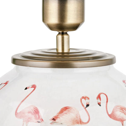 Jenny Worrall Pink Flamingos & White Glass Table Lamp Base with Antique Brass Feet – Handcrafted Bulbous Quirky Tropical Statement Lighting 36x20x20cm | Click Style