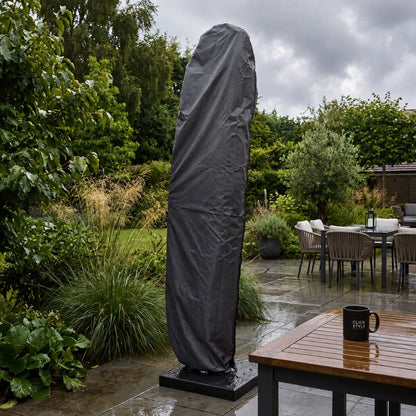 Platinum AeroCover anthracite grey cantilever parasol cover protecting closed parasol in wet British weather | Click Style