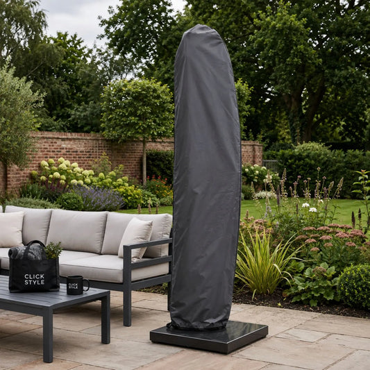 Platinum AeroCover anthracite grey cantilever parasol cover fitted over closed free arm parasol in UK garden | Click Style