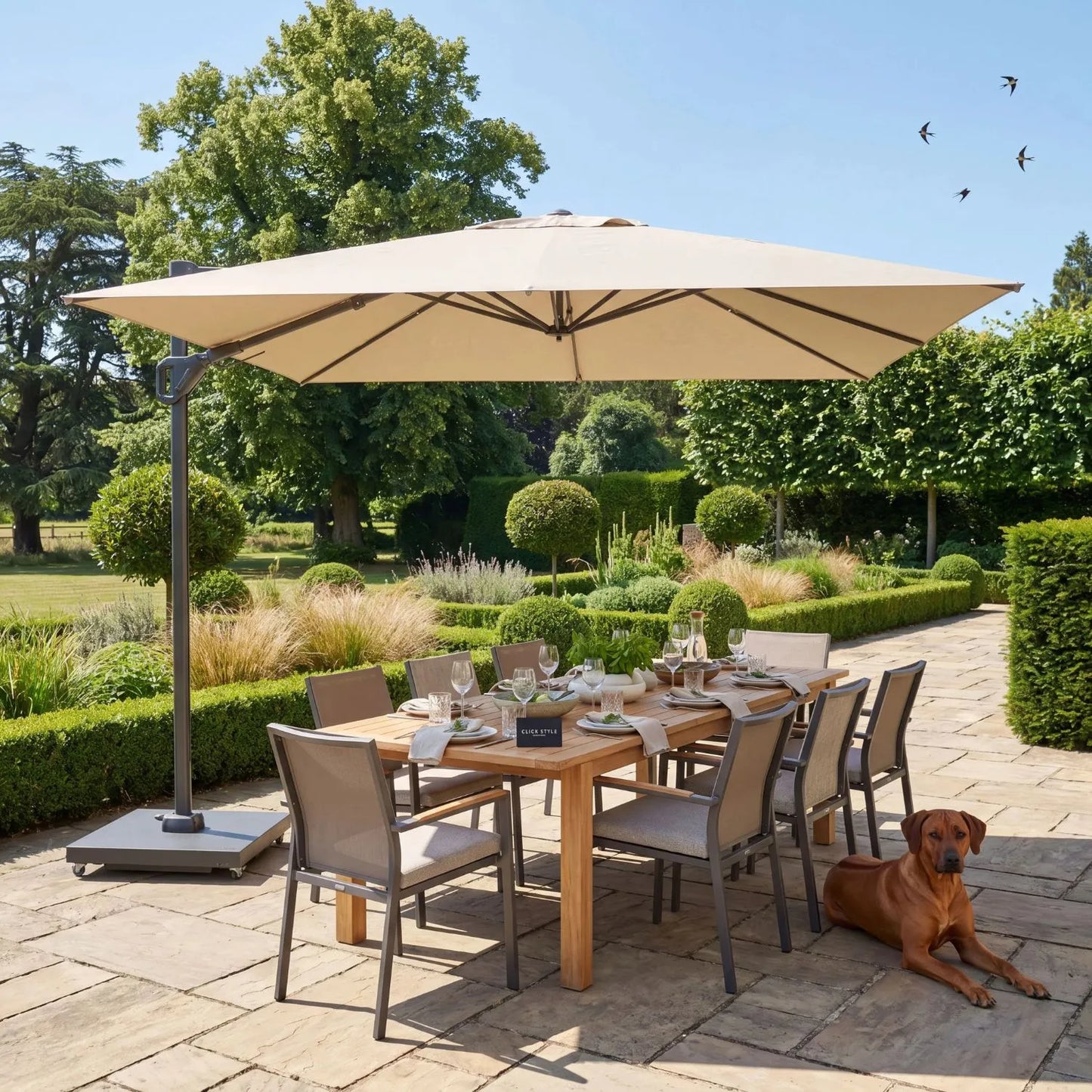 Platinum Challenger T2 3m Square Cantilever Parasol in Champagne with Anthracite Grey Aluminium Frame and Double Tilt Canopy for Patios Terraces and Gardens | Click Style