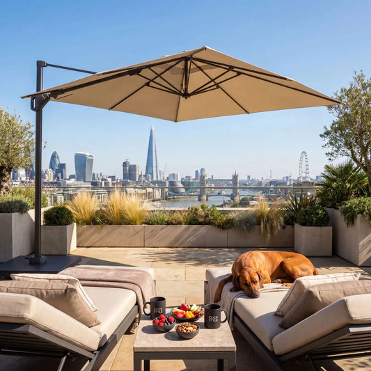 Platinum Challenger T2 3m Square Cantilever Parasol in Champagne with Anthracite Grey Aluminium Frame and Double Tilt Canopy for Patios Terraces and Gardens | Click Style