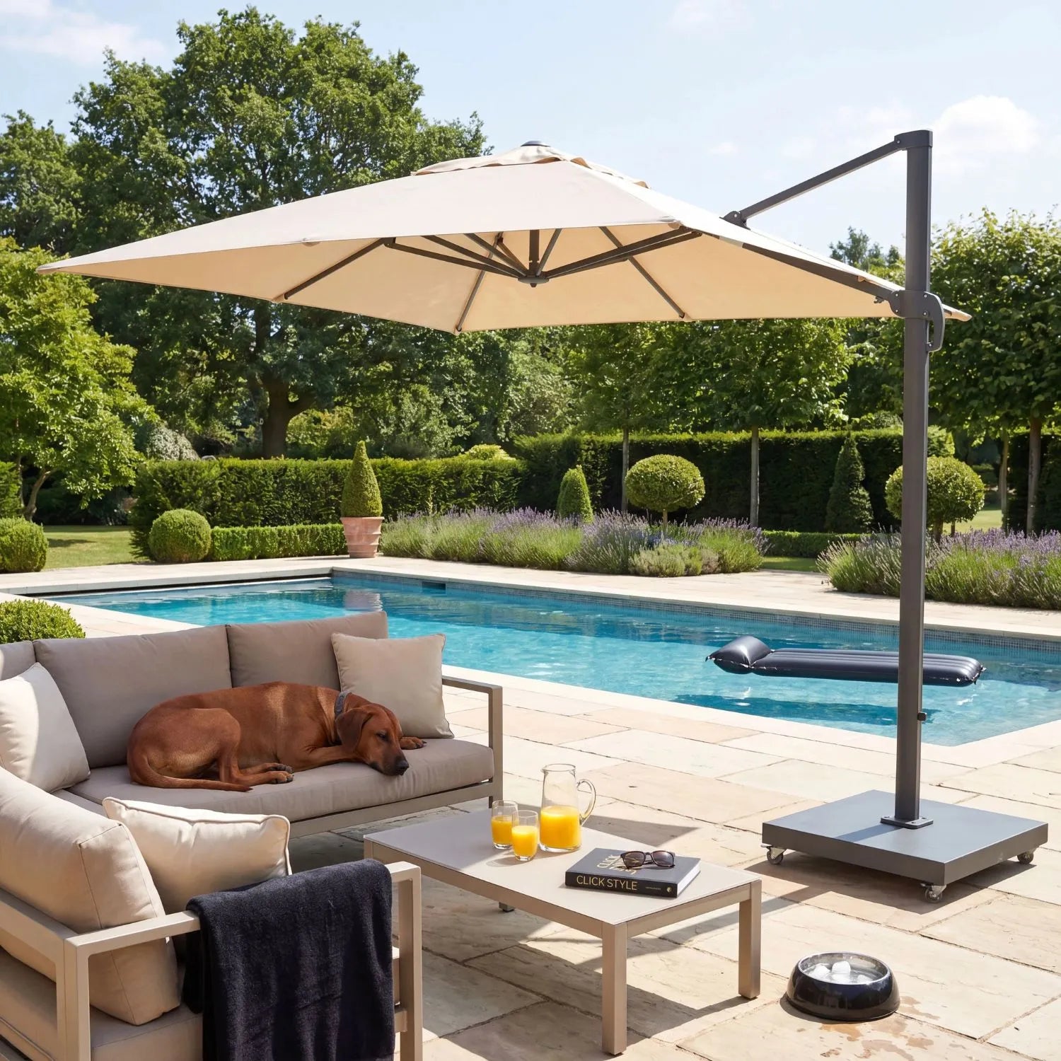 Platinum Challenger T2 3m Square Cantilever Parasol in Champagne with Anthracite Grey Aluminium Frame and Double Tilt Canopy for Patios Terraces and Gardens | Click Style