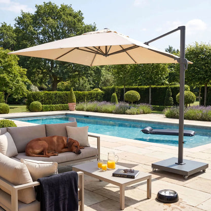 Platinum Challenger T2 3m Square Cantilever Parasol in Champagne with Anthracite Grey Aluminium Frame and Double Tilt Canopy for Patios Terraces and Gardens | Click Style