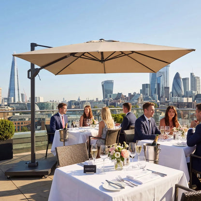 Platinum Challenger T2 3m Square Cantilever Parasol in Champagne with Anthracite Grey Aluminium Frame and Double Tilt Canopy for Patios Terraces and Gardens | Click Style