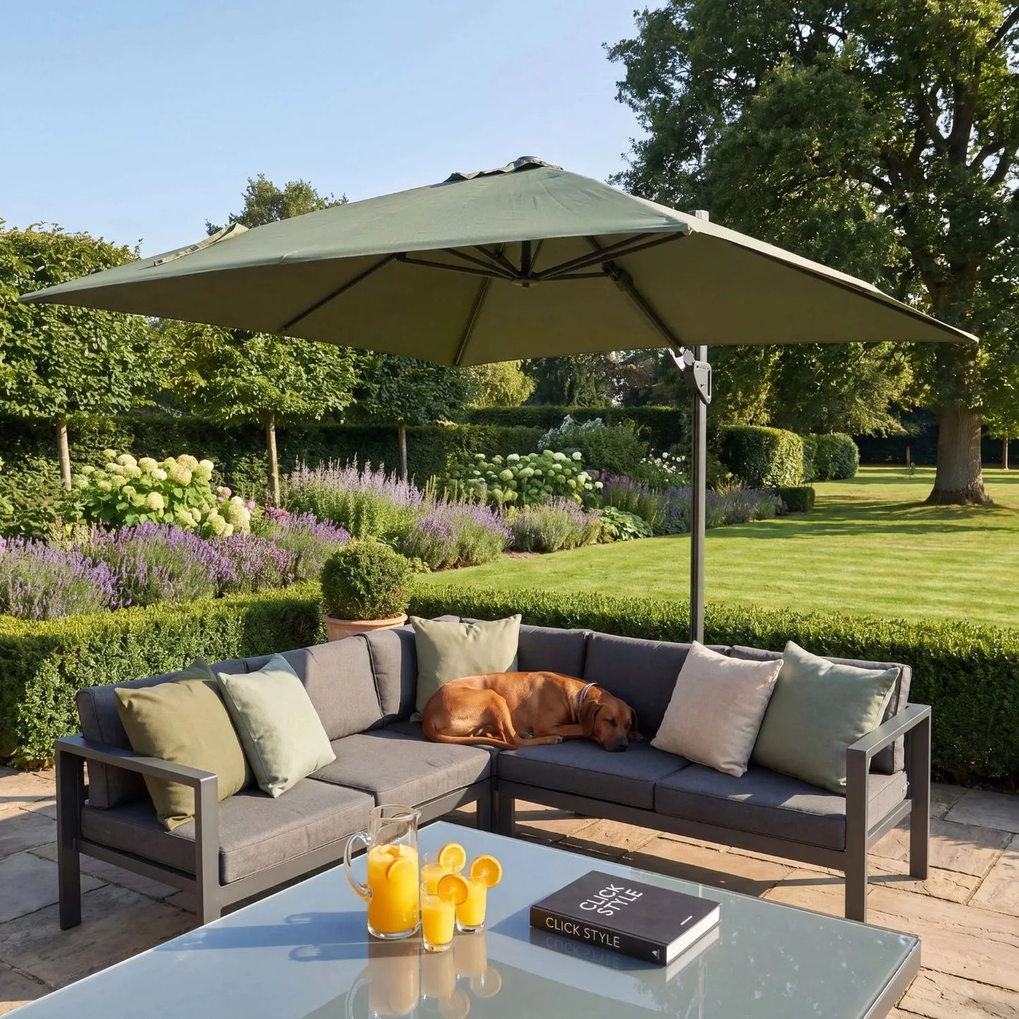 Platinum Challenger T2 3m Square Cantilever Garden Parasol in Olive Green with 360 Degree Rotation and Double Tilt System | Click Style