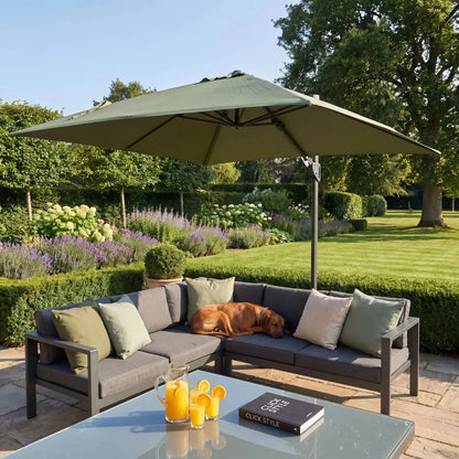 Platinum Challenger T2 3m Square Cantilever Garden Parasol in Olive Green with 360 Degree Rotation and Double Tilt System | Click Style