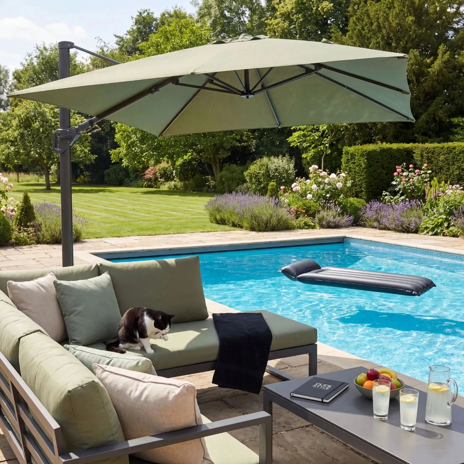 Platinum Challenger T2 3m Square Cantilever Garden Parasol in Olive Green with 360 Degree Rotation and Double Tilt System | Click Style