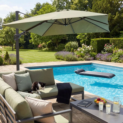 Platinum Challenger T2 3m Square Cantilever Garden Parasol in Olive Green with 360 Degree Rotation and Double Tilt System | Click Style