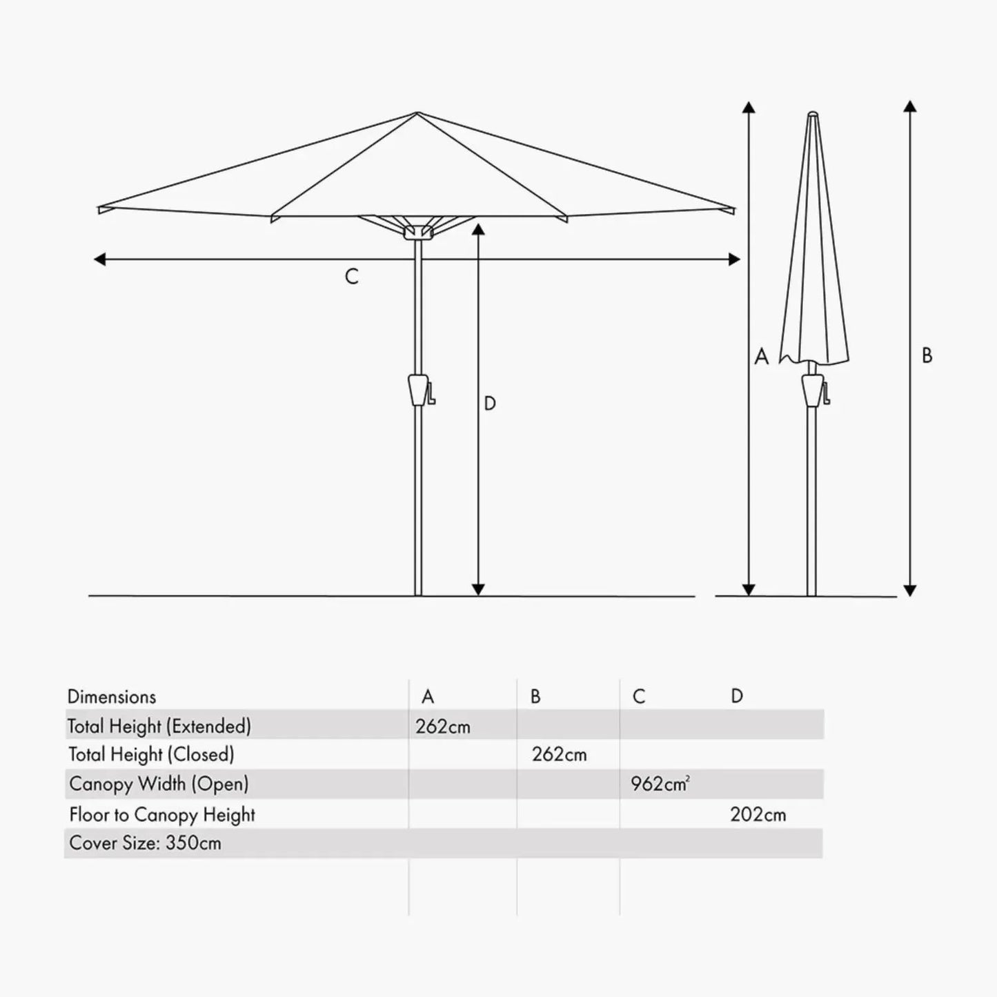 Platinum Riva 3.5m Round Centre Pole Parasol in Champagne with anthracite grey powder-coated aluminium centre pole, water-repellent canopy and easy wind-up handle for gardens, patios, terraces and balconies dimensions | Click Style