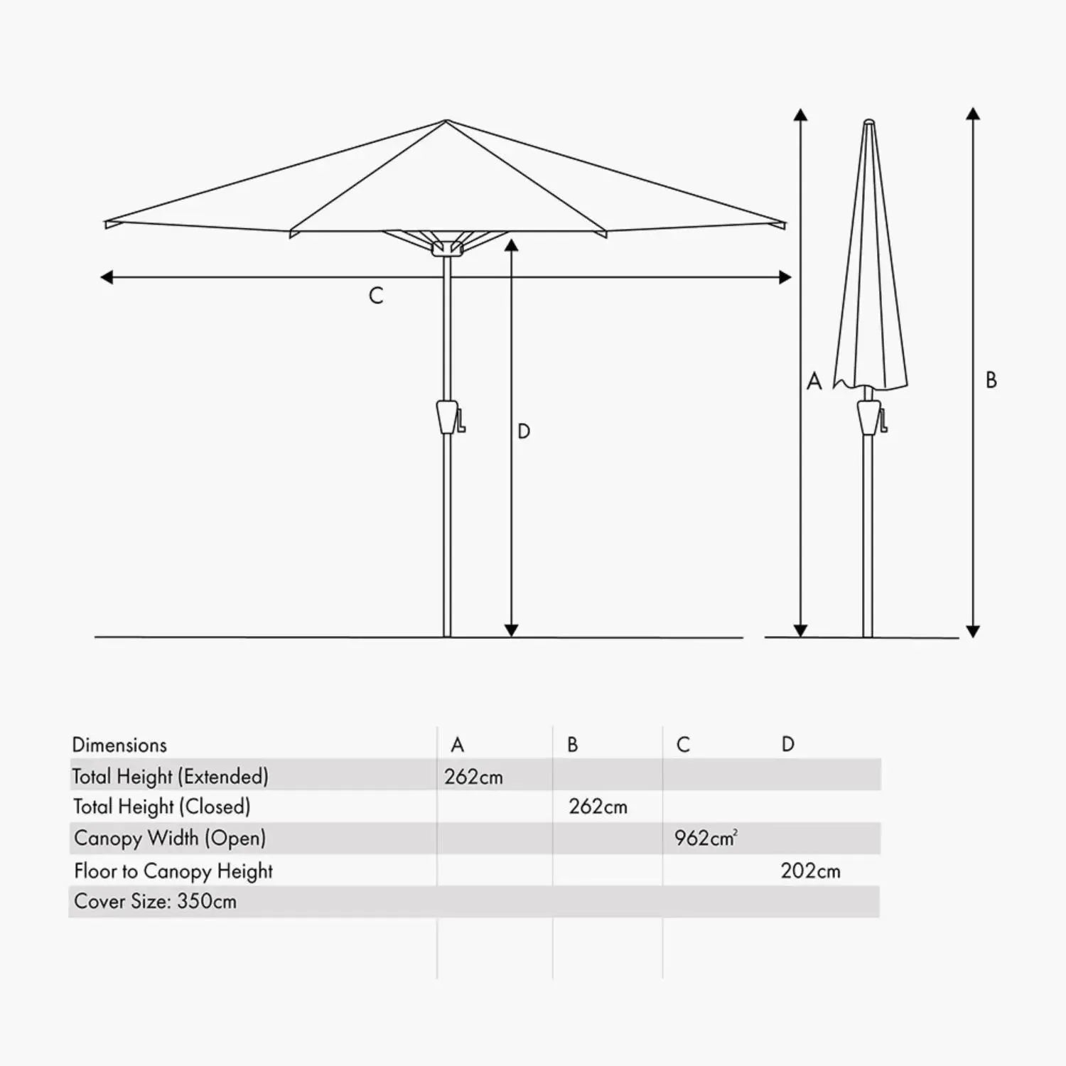 Platinum Riva 3.5m Round Centre Pole Parasol in Champagne with anthracite grey powder-coated aluminium centre pole, water-repellent canopy and easy wind-up handle for gardens, patios, terraces and balconies dimensions | Click Style