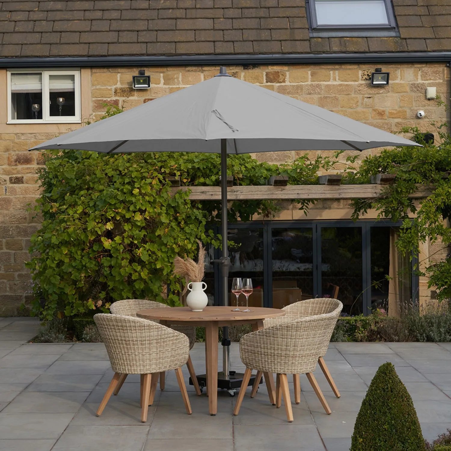 Platinum Riva 3.5m Round Centre Pole Parasol in Light Grey with 3.5m water-repellent canopy, anthracite grey powder-coated aluminium centre pole and easy wind-up handle for gardens, patios, terraces and balconies | Click Style