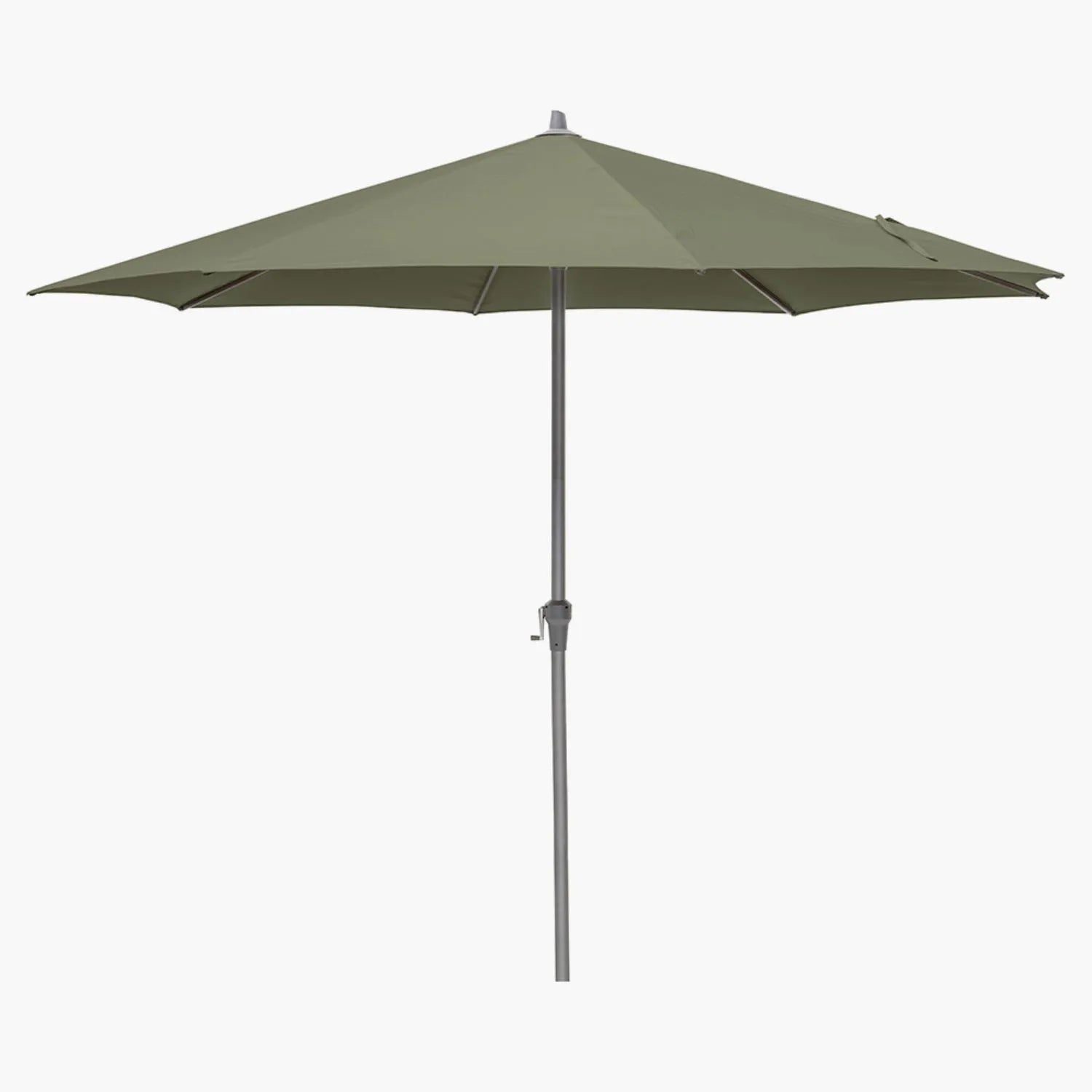 Platinum Riva 3.5m Round Centre Pole Parasol in Olive Green with anthracite grey powder-coated aluminium frame, durable water-repellent canopy and easy wind-up crank handle for patios, terraces and outdoor dining | Click Style