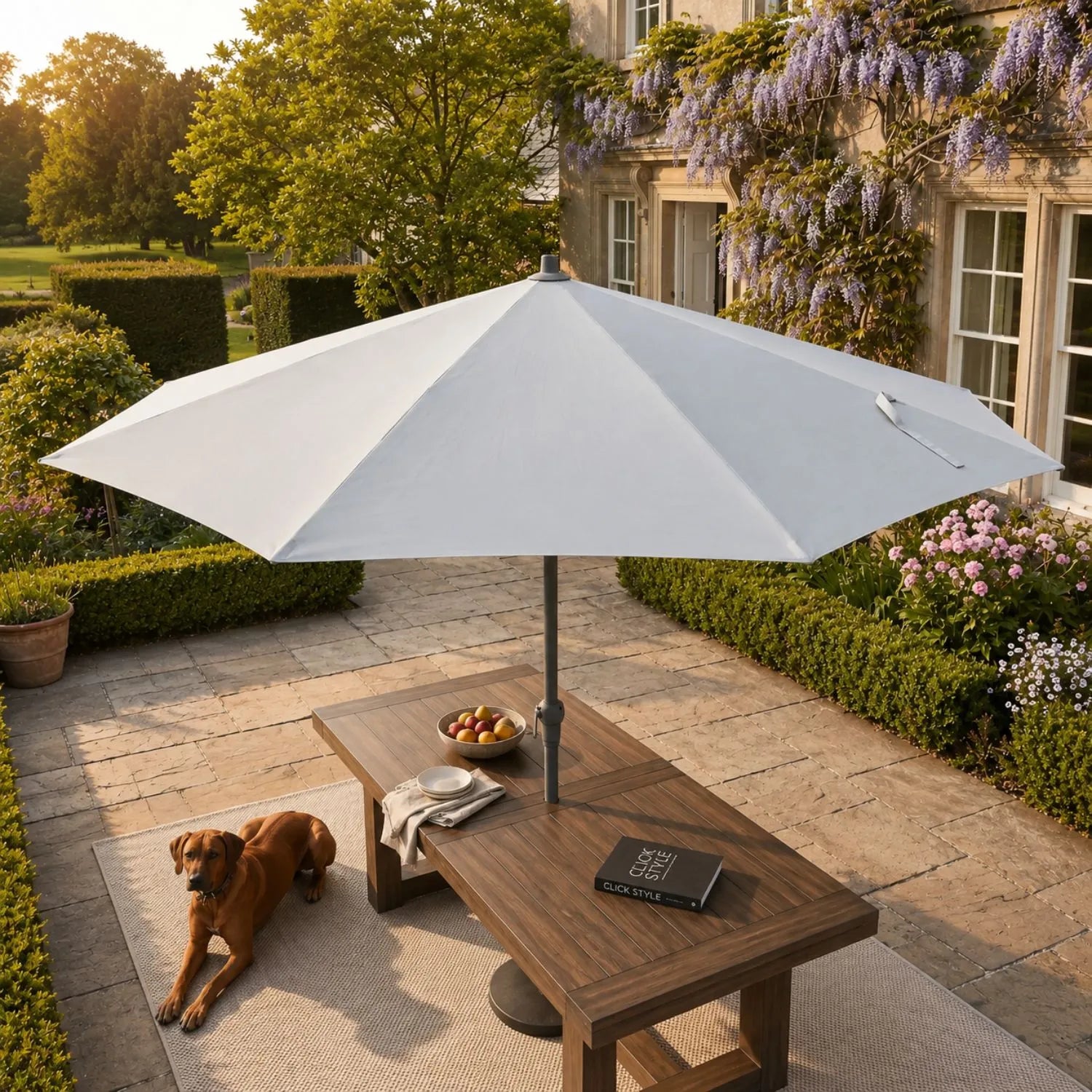 Platinum Riva 3.5m Round Light Grey Aluminium Centre Pole Garden Parasol with Wind-Up Handle